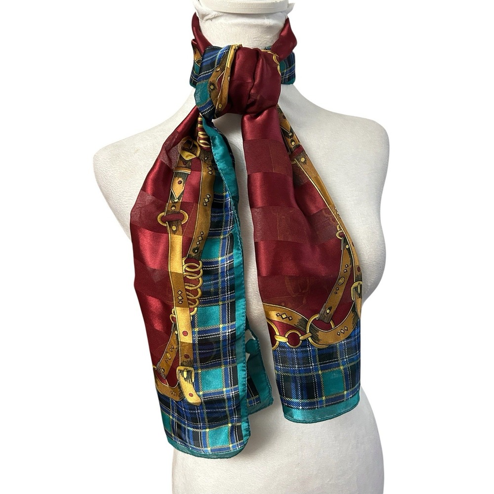 Vintage Equestrian Scarf Signatures Studio Maroon Teal Blue Tartan Plaid 52x10